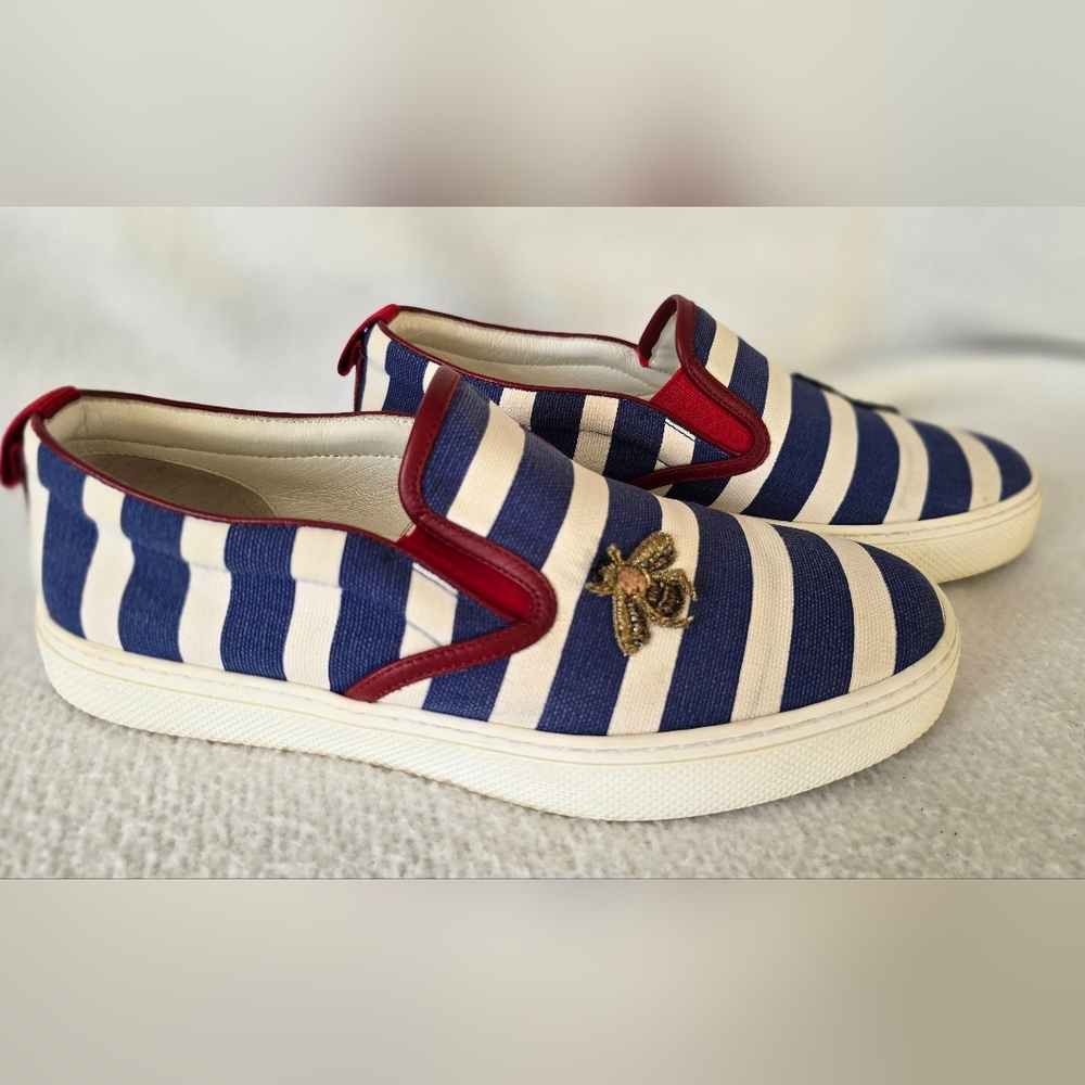 Pre-owned 💯 Authentic Gucci Dublin Stripe Slip-on Sneakers 👟  Navy/White - Picture 3 of 12